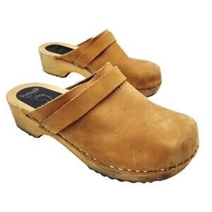 Vollsjo Original Tan Genuine Leather Wooden Clogs Swedish Design Handmade Sz 40